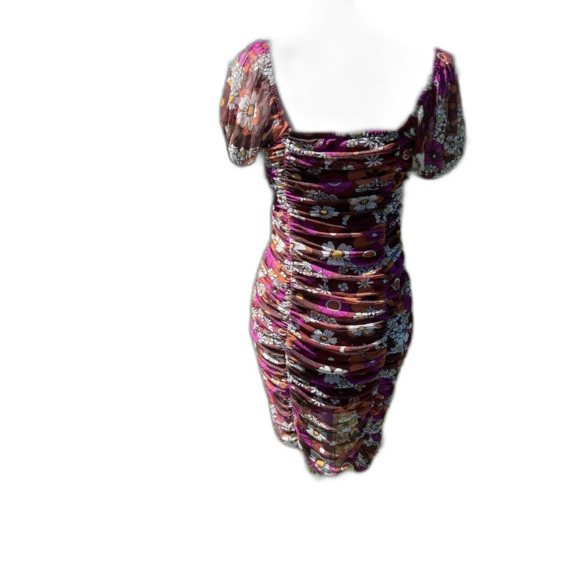 Sale Madden NYC Retro Floral Ruched Dress Cut Outs Medium BodyCon Short Sleeve - Picture 5 of 10